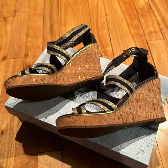 Sperry Top-Sider Harbordale navy/gold web buckle ankle strap cork wedges. 6M NIB - Picture 4 of 8